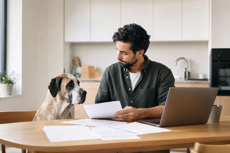 Ein Bully Kutta Hund sitzt ruhig neben seinem Besitzer am Küchentisch, auf dem Versicherungsunterlagen und ein Laptop liegen.