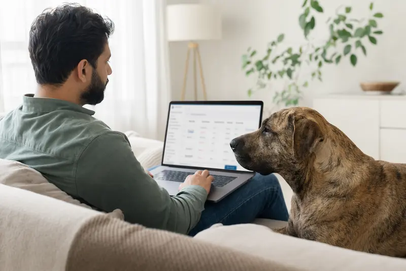 Ein Hundebesitzer sitzt mit einem Bully Kutta auf dem Sofa und vergleicht Tierversicherungen auf seinem Laptop.