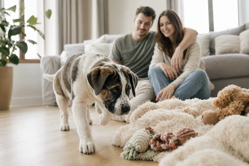 Ein neugieriger Bully Kutta Welpe erkundet sein neues Zuhause mit einer weichen Decke und Spielzeug.