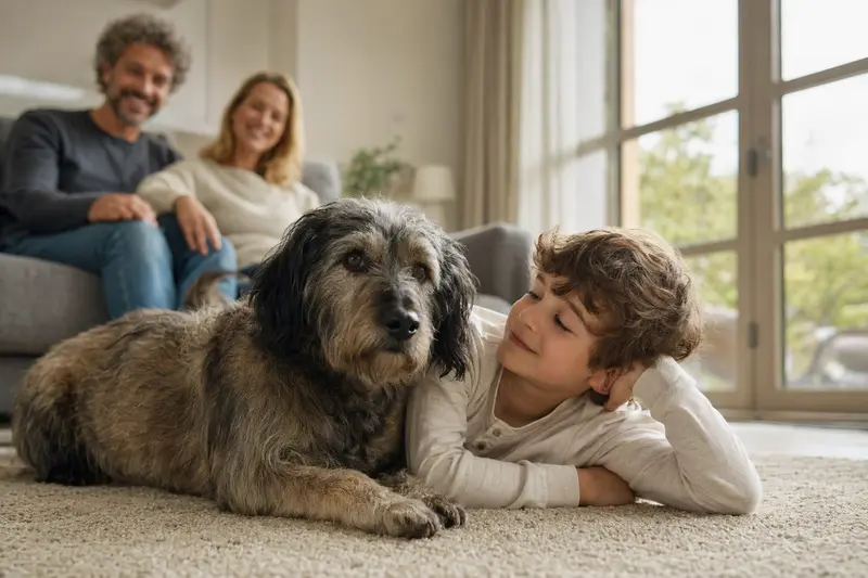 Ein freundlicher Burgos-Hühnerhund entspannt neben einem Kind im Wohnzimmer, umgeben von einer warmen, sicheren Familienatmosphäre.