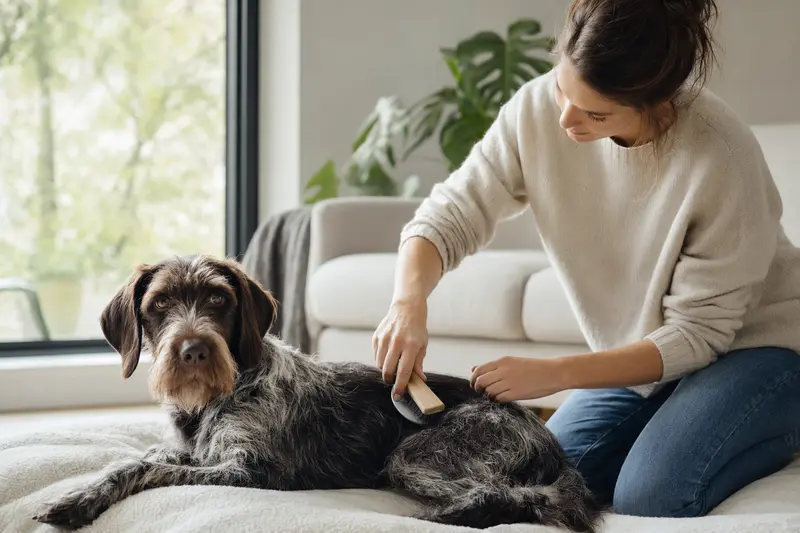 Ein Burgos-Hühnerhund wird in einer hellen Wohnung sanft gebürstet, während sein Besitzer sich liebevoll um die Fellpflege kümmert.