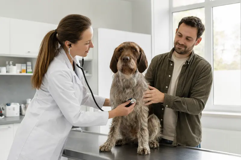 Ein Burgos-Hühnerhund wird behutsam von einer Tierärztin mit einem Stethoskop untersucht, während der Besitzer beruhigend daneben steht.