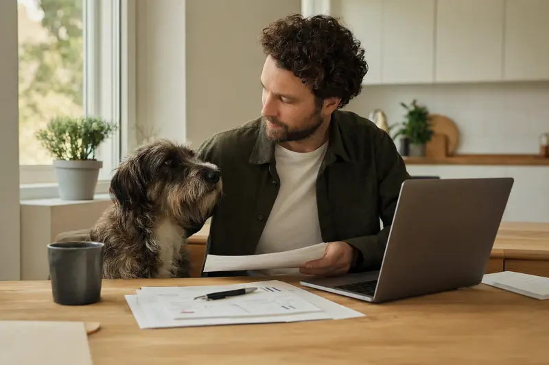 Ein Burgos-Hühnerhund sitzt entspannt neben seinem Besitzer am Küchentisch, auf dem Versicherungsunterlagen und ein Laptop liegen.