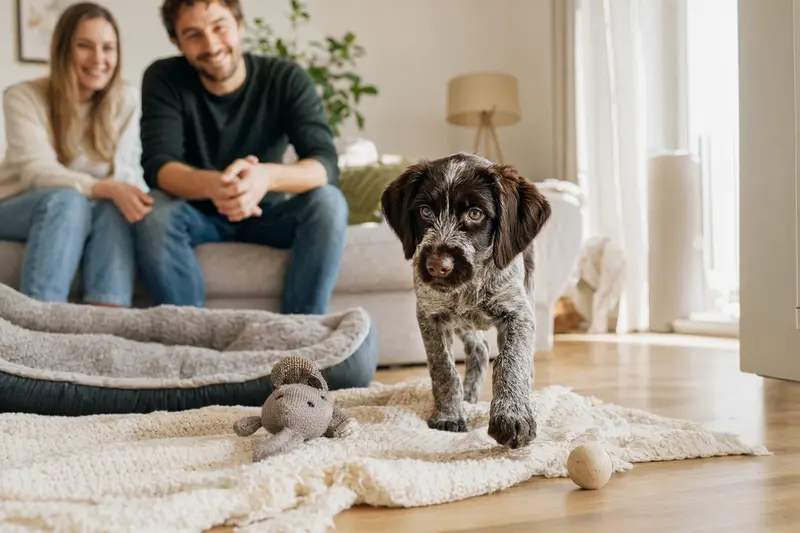 Ein junger Burgos-Hühnerhund Welpe erkundet neugierig sein neues Zuhause mit Spielzeug und einer weichen Decke.