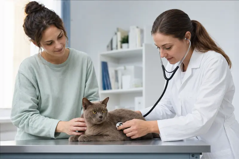 Eine Burma Kurzhaar Katze auf einem Untersuchungstisch in einer modernen Tierarztpraxis wird von einer freundlichen Tierärztin mit einem Stethoskop untersucht.
