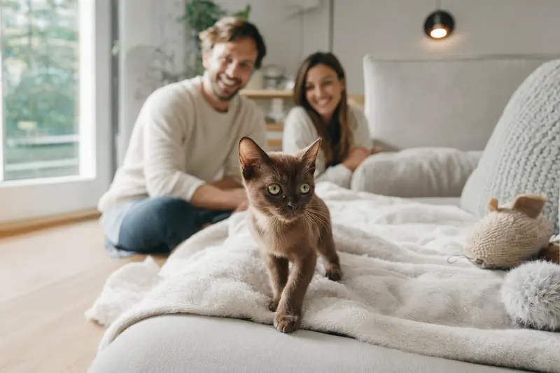 Ein neugieriges Burma Kurzhaar Katzenkitten erkundet sein neues Zuhause mit einer weichen Decke und Spielzeug, während die Familie im Hintergrund liebevoll zuschaut.