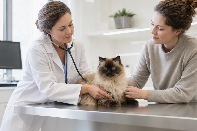 Eine ruhige Burma Langhaar Katze wird behutsam von einer Tierärztin mit einem Stethoskop untersucht.