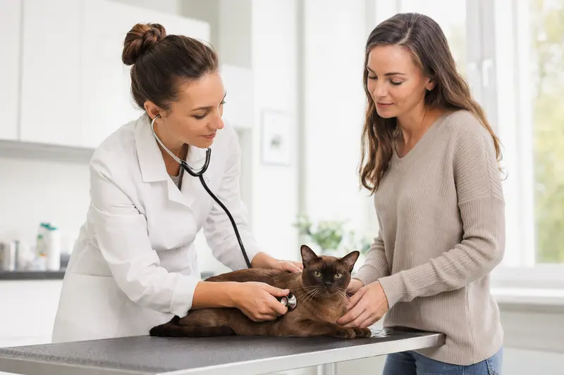 Eine ruhige Burmese Kurzhaar Katze wird von einer freundlichen Tierärztin mit einem Stethoskop in einer modernen Tierarztpraxis untersucht, während der Besitzer beruhigend danebensteht.