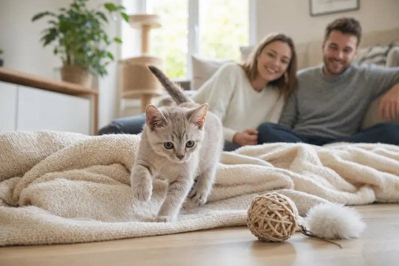 Ein neugieriges Burmilla Katzen Kitten erkundet spielerisch sein neues Zuhause auf einer weichen Decke.
