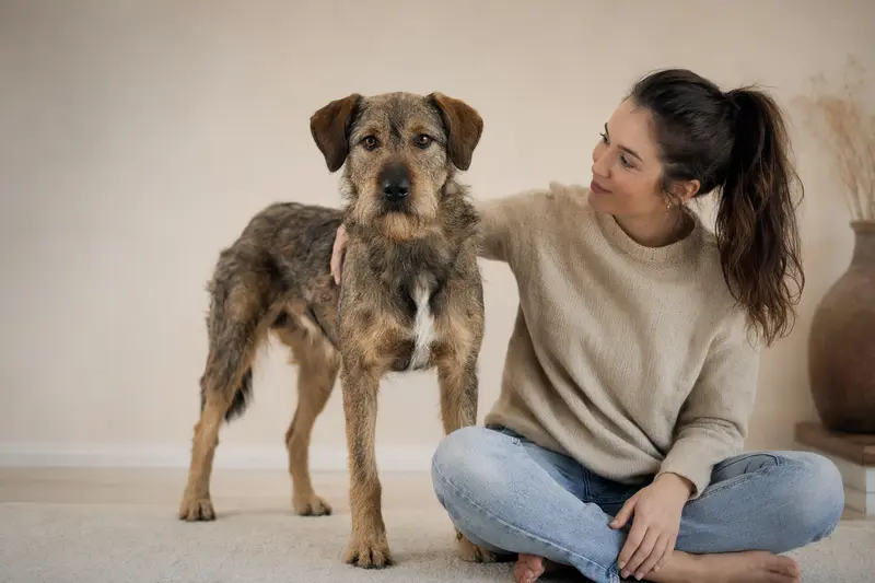 Ein aufmerksamer Ca de Bestiar Hund steht in natürlicher Haltung vor hellem Hintergrund im realistischen Tierportrait.