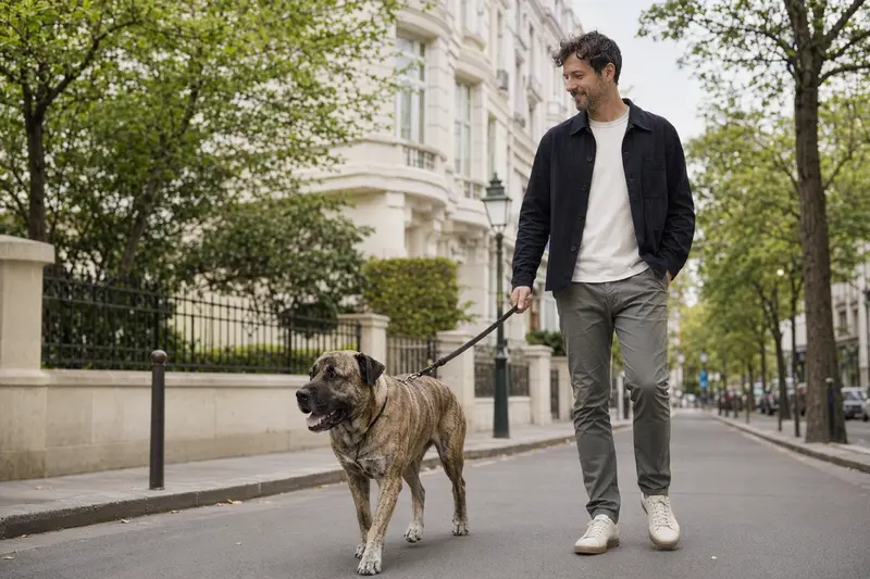 Ein Ca de Bestiar Hund läuft entspannt an der Leine mit seinem Besitzer durch eine saubere moderne Stadtstraße.