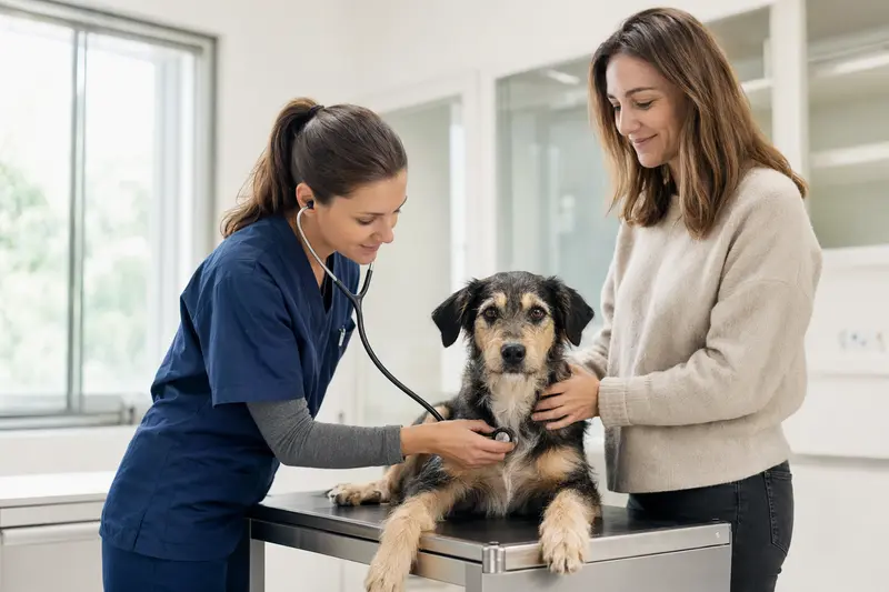 Ein Ca de Bestiar Hund liegt entspannt auf einem Untersuchungstisch, während eine freundliche Tierärztin ihn mit einem Stethoskop untersucht und der besorgte Besitzer beruhigend danebensteht.