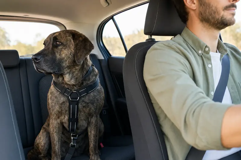 Ein Ca de Bestiar Hund, sicher angeschnallt auf der Rückbank eines Autos, vermittelt Verantwortungsbewusstsein während der Fahrt.