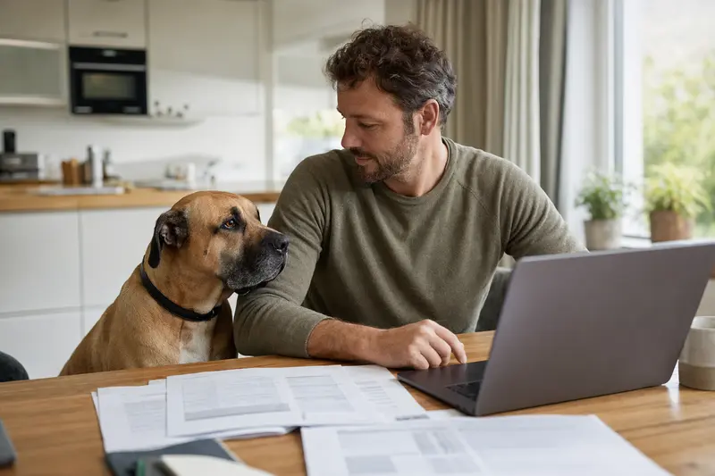 Ein ruhiger Ca de Bestiar Hund sitzt neben seinem Besitzer am Küchentisch, umgeben von Versicherungsunterlagen und einem Laptop.