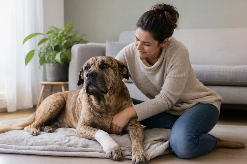 Ein Ca de Bestiar Hund mit leichtem Verband an der Pfote liegt auf einer Decke, während sein Besitzer neben ihm sitzt und erleichtert wirkt.