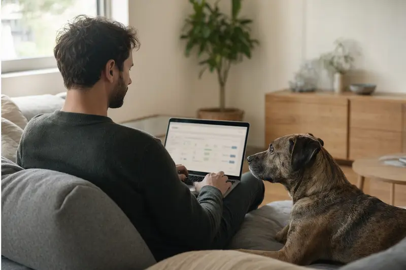 Ein entspanntes Sofa-Szenario mit einem Hund und einem Laptop, das eine neutrale Versicherungsvergleichsseite zeigt.