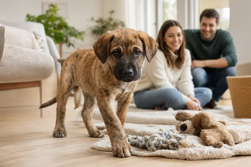 Ein junger Ca de Bestiar Welpe entdeckt neugierig sein neues Zuhause mit einer weichen Decke und Spielzeug, während eine liebevolle Familie im Hintergrund zu sehen ist.
