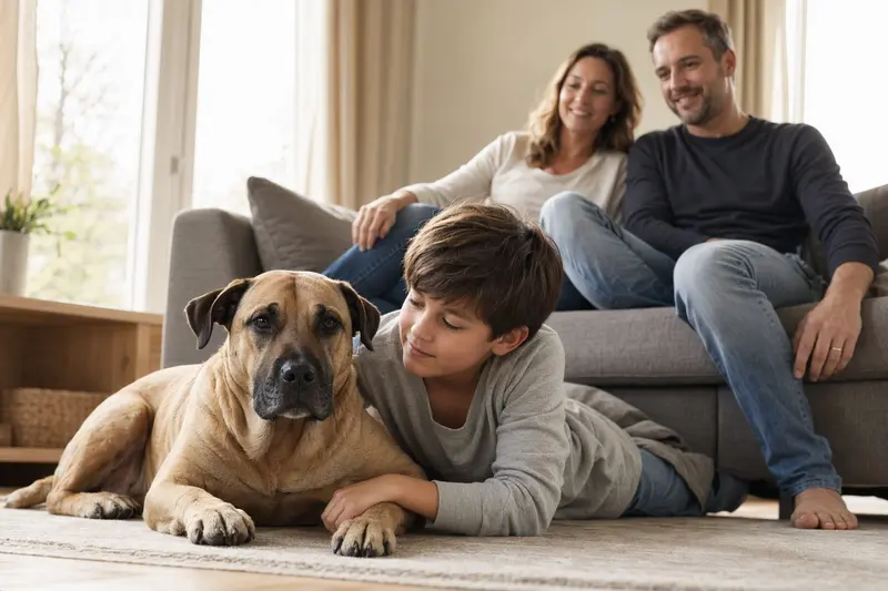 Ein freundlicher Ca de Bou Hund liegt entspannt neben einem Kind im Wohnzimmer und vermittelt eine warme Familienatmosphäre.