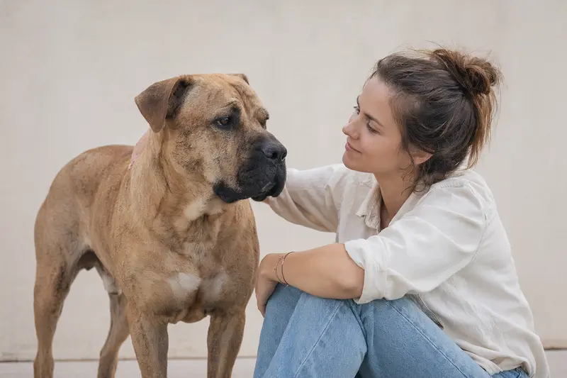 Ein aufmerksam stehender Ca de Bou Hund vor hellem Hintergrund zeigt die typische Körperform der Rasse.
