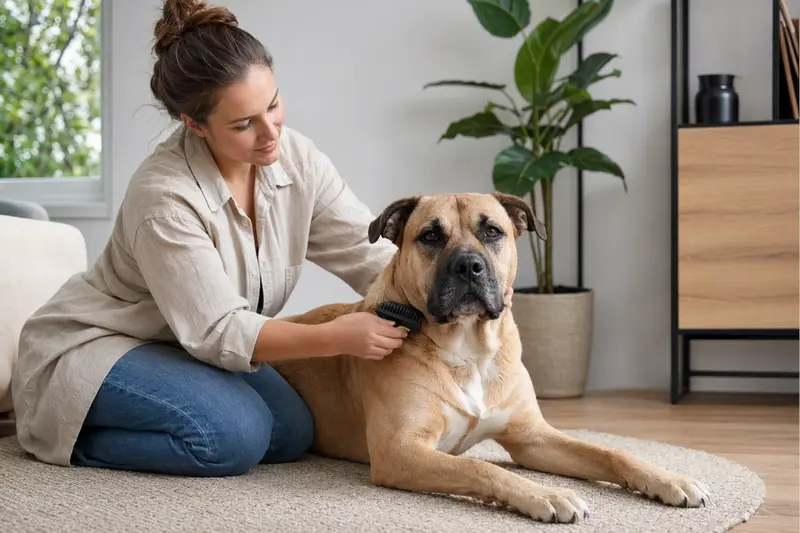 Ein Ca de Bou Hund wird in einer hellen Wohnung sanft gebürstet, während sein Besitzer die Fellpflege liebevoll übernimmt.
