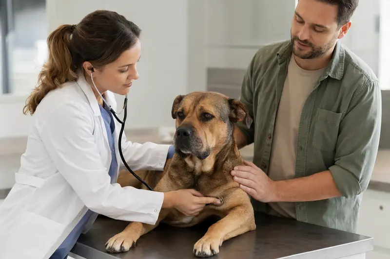 Ein ruhiger Ca de Bou Hund wird von einer freundlichen Tierärztin auf einem Untersuchungstisch untersucht.