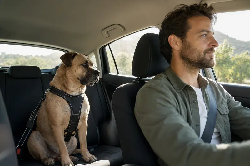 Ein Ca de Bou Hund sitzt sicher angeschnallt auf der Rückbank eines Autos und genießt die Fahrt.