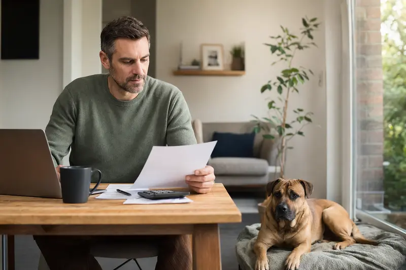 Ein Besitzer sitzt mit einer Tierarztrechnung am Tisch, während ein entspannter Ca de Bou auf einer Decke liegt und die Hundekostenversicherung im Alltag veranschaulicht.