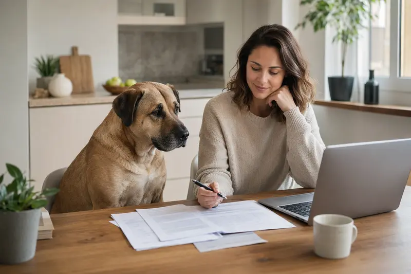 Ein Ca de Bou Hund sitzt bequem neben seinem Besitzer am Küchentisch, auf dem Versicherungsunterlagen und ein Laptop liegen.