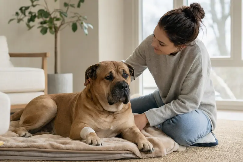 Ein entspannter Ca de Bou Hund mit leichtem Verband an der Pfote liegt auf einer Decke, während sein Besitzer neben ihm sitzt.