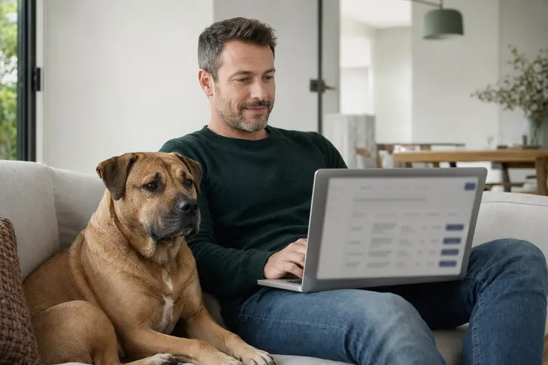 Hundehalter sitzt mit Laptop auf dem Sofa, während ein Ca de Bou Hund daneben entspannt, Bildschirm zeigt unscharf eine Versicherungsvergleichs-Oberfläche.