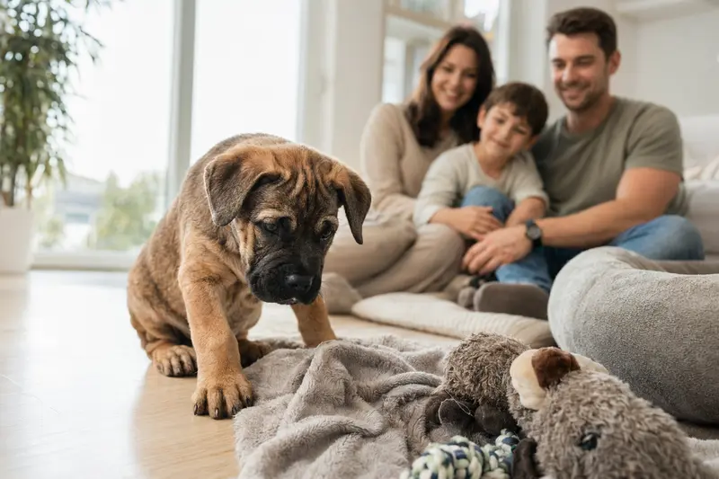 Ein neugieriger Ca de Bou Welpe erkundet sein neues Zuhause mit einer weichen Decke und Spielzeug, während eine liebevolle Familie im Hintergrund zu sehen ist.