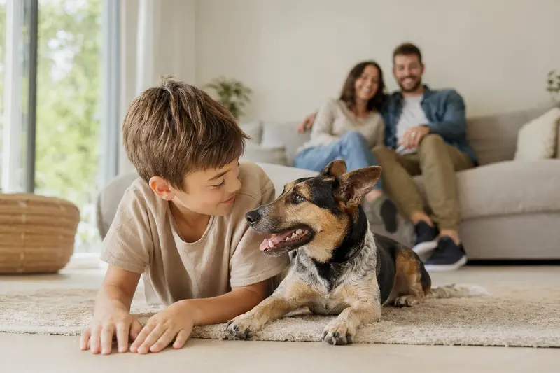 Ein freundlicher Ca de Rater Valencia Hund liegt entspannt neben einem Kind in einem hellen Wohnzimmer, während die Eltern im Hintergrund zu sehen sind.