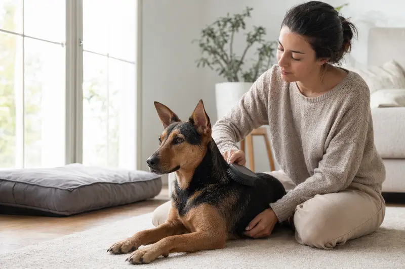 Ein Ca de Rater Valencia Hund wird in einer hellen Wohnung liebevoll gebürstet und gepflegt.