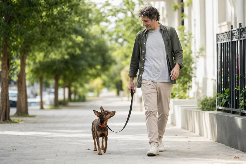 Ein Ca de Rater Valencia Hund läuft an der Leine mit seinem Besitzer durch eine moderne Stadtstraße.