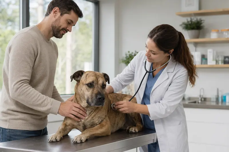 Eine Tierärztin untersucht behutsam einen ruhigen Ca de Rater Valencia Hund auf einem Untersuchungstisch in einer modernen Tierarztpraxis.