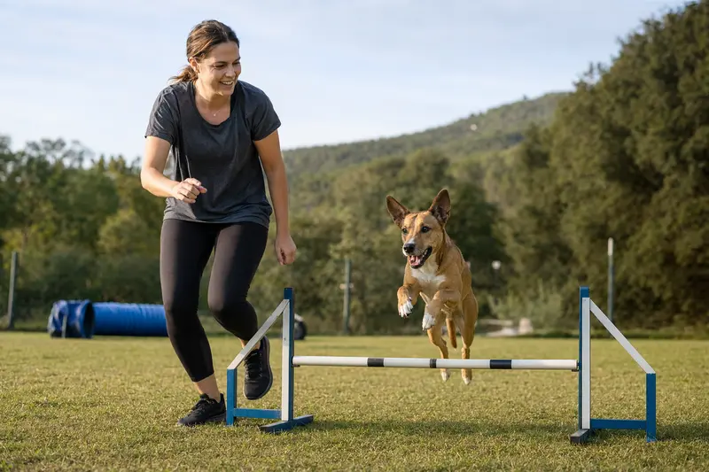 Ein aktiver Ca de Rater Valencia Hund springt mit seinem Besitzer über eine kleine Trainingshürde auf dem Hundeplatz.