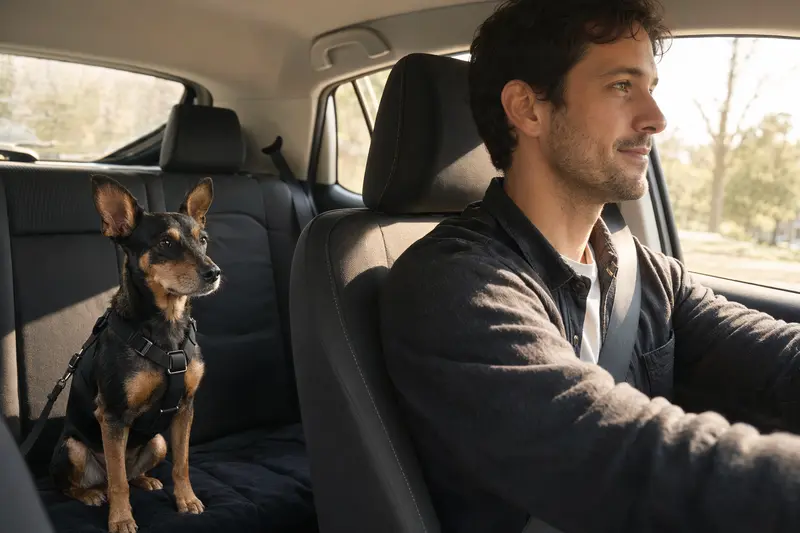 Ein Ca de Rater Valencia Hund sitzt sicher angeschnallt auf der Rückbank eines Autos, während sein Besitzer fährt.