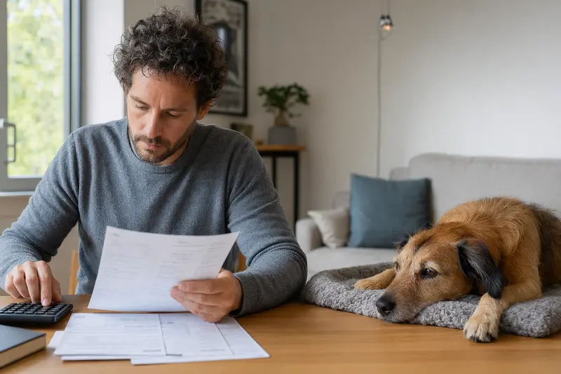 Ein Hundebesitzer sitzt mit einer Tierarztrechnung am Tisch, während ein entspannter Ca de Rater Valencia auf einer Decke in der hellen Wohnung liegt.