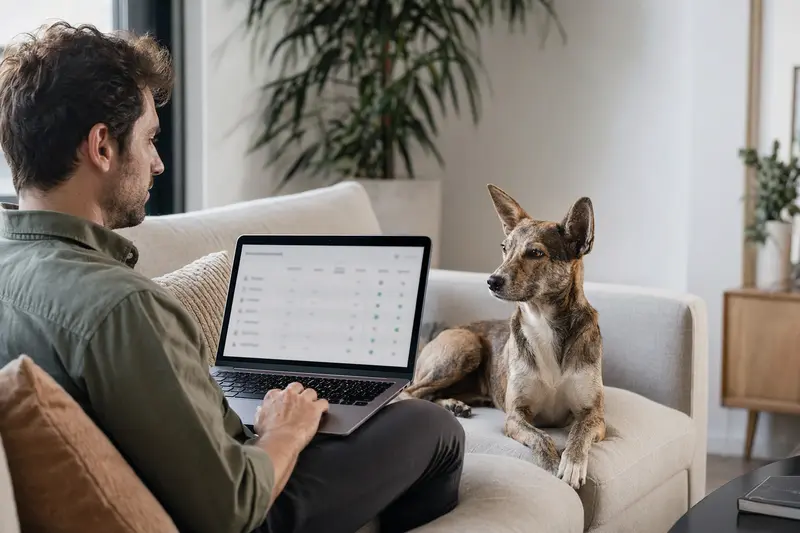 Ein Hundebesitzer arbeitet am Laptop auf dem Sofa, während sein Ca de Rater Valencia entspannt daneben sitzt.
