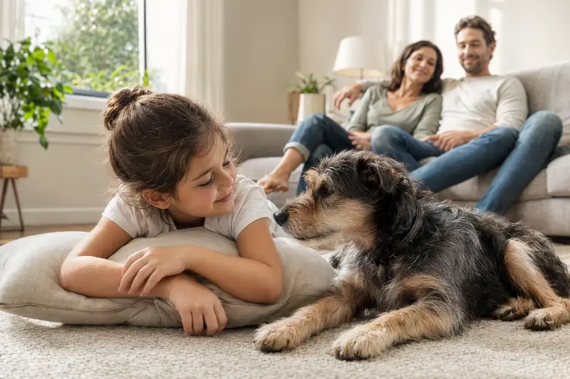 Ein freundlicher Ca Eivissec Hund entspannt mit einem Kind im Wohnzimmer.