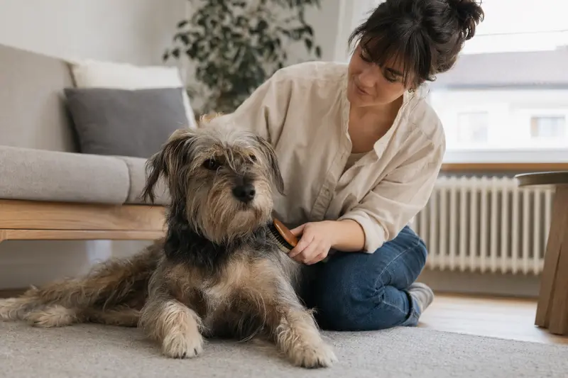 Ein Ca Eivissec Hund wird in einer hellen Wohnung sanft gebürstet, während sich der Besitzer liebevoll um die Fellpflege kümmert.