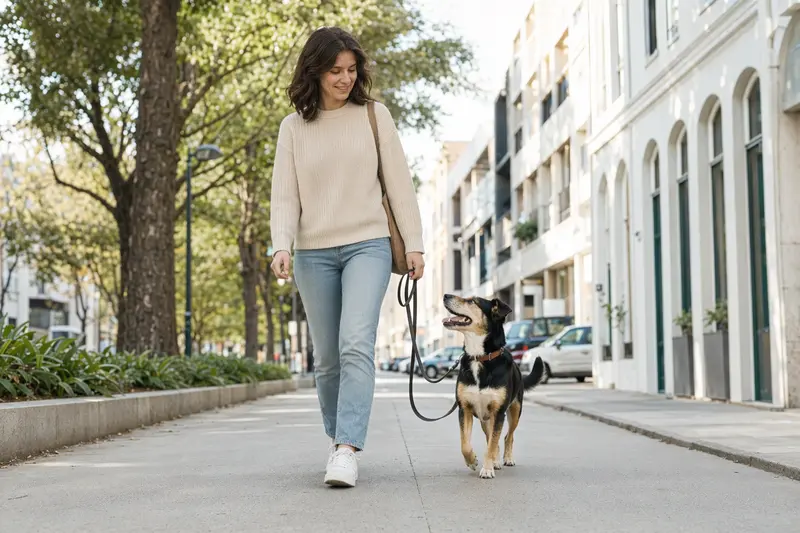 Ein Ca Eivissec Hund läuft an der Leine mit seinem Besitzer durch eine freundliche moderne Stadtstraße.