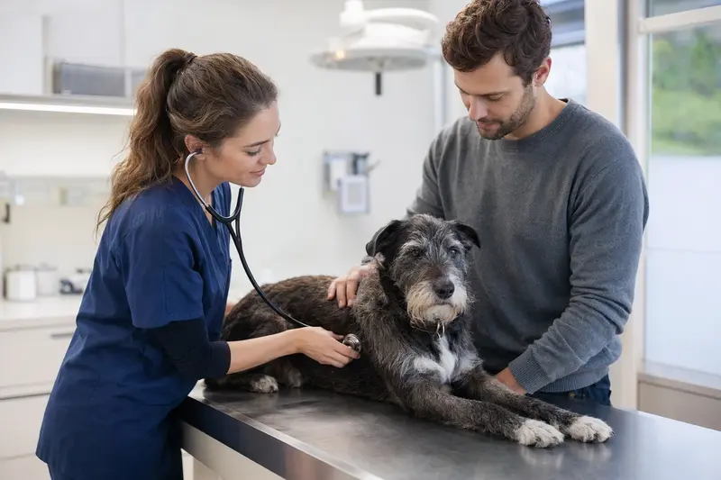 Der ruhige Ca Eivissec Hund wird von einer freundlichen Tierärztin mit einem Stethoskop in einer modernen Tierarztpraxis untersucht.