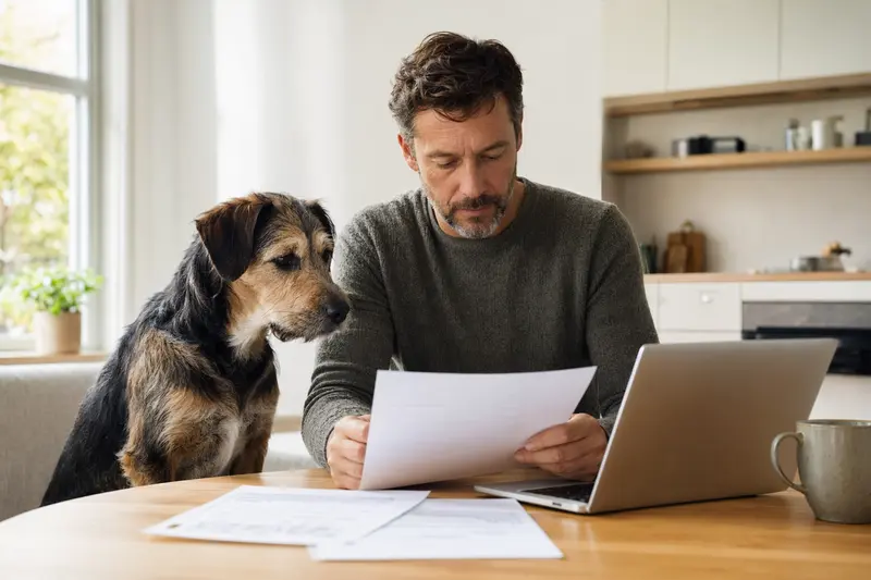 Ein ruhiger Ca Eivissec Hund sitzt neben seinem Besitzer am Küchentisch, auf dem Versicherungsunterlagen und ein Laptop liegen.