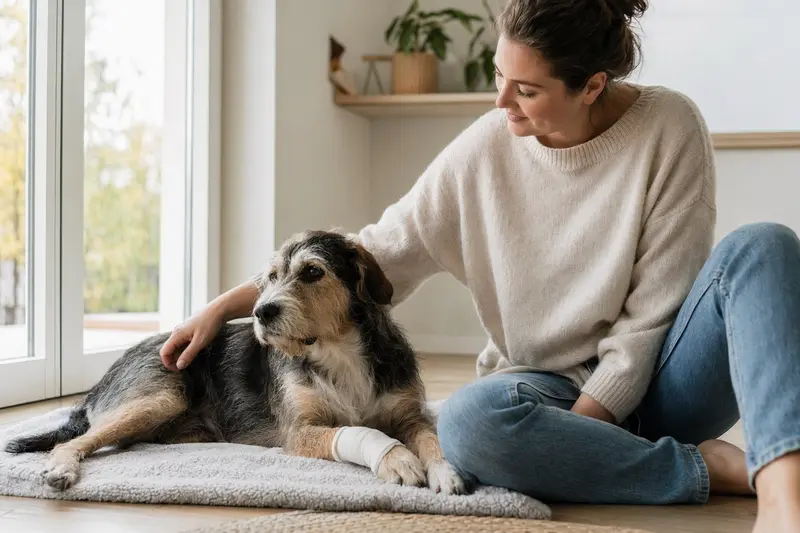 Ein ruhiger Ca Eivissec Hund mit leichtem Verband an der Pfote liegt entspannt auf einer Decke, während sein Besitzer erleichtert daneben sitzt.