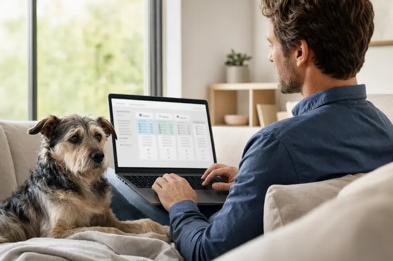 Ein Hundebesitzer sitzt auf dem Sofa mit einem Laptop, während sein Hund daneben liegt und eine digitale Versicherungsvergleichsoberfläche auf dem Bildschirm zu sehen ist.