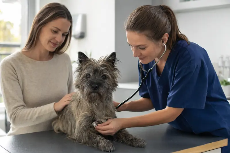 Ein Cairn Terrier wird von einer freundlichen Tierärztin mit Stethoskop in einer modernen Tierarztpraxis untersucht, während sein Besitzer beruhigend danebensteht.