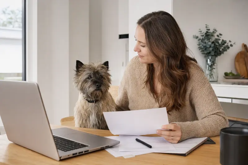 Ein Cairn Terrier sitzt mit seinem Besitzer am Küchentisch, umgeben von Versicherungsunterlagen und einem Laptop.