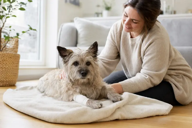 Ein Cairn Terrier mit leichtem Verband an der Pfote liegt auf einer Decke, während sein erleichterter Besitzer neben ihm sitzt.