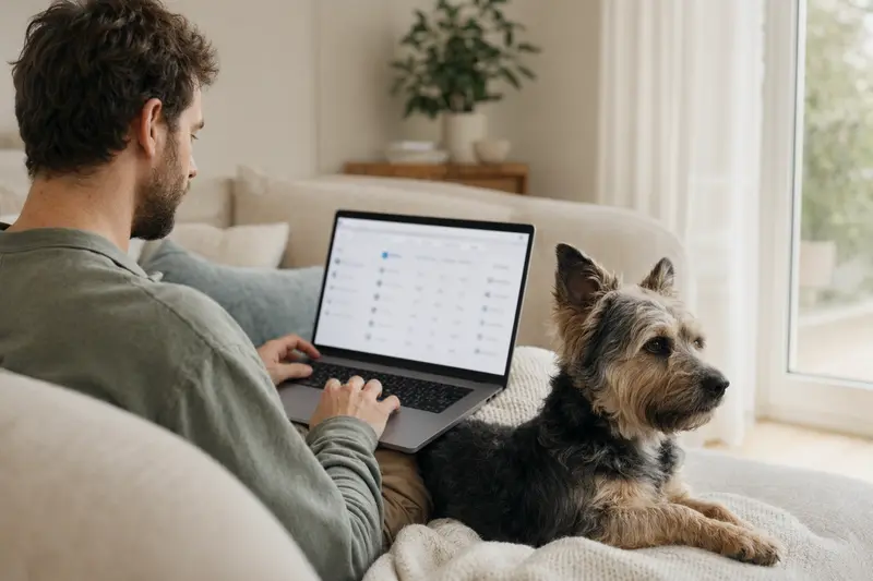 Tierbesitzer mit Laptop auf dem Sofa, neben einem Cairn Terrier, während er einen Versicherungsvergleich durchführt.